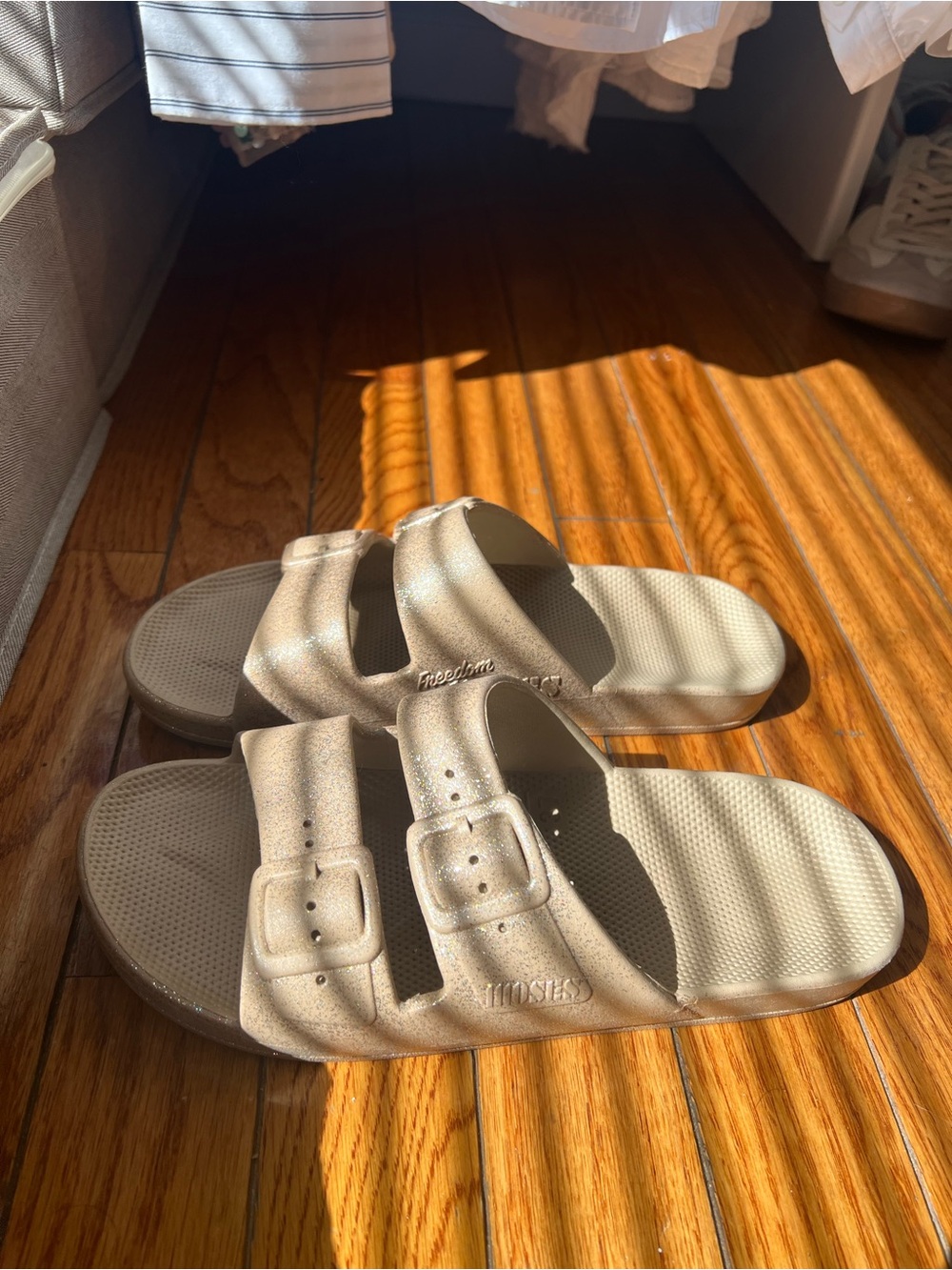 Freedom Moses Double Strap Sandals in glitter tan